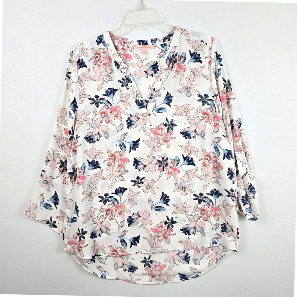 Gibson Latimer V-Neck Floral Print Roll Tab Sleeves Women Top White Multi L